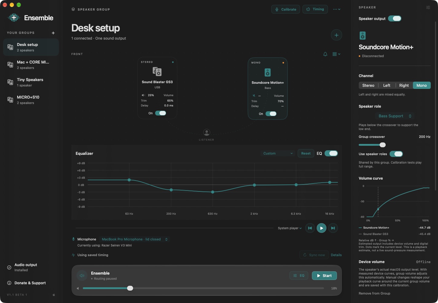 Ensemble main Mac window showing a speaker layout, stereo and bass-support roles, a custom group EQ curve and speaker controls