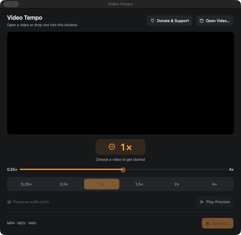 Video Tempo Mac window showing video speed controls and preserve audio pitch option