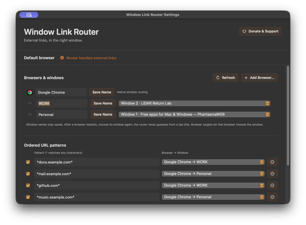Redesigned Window Link Router settings with named Chrome windows and inline demo rules routing to Personal and Work
